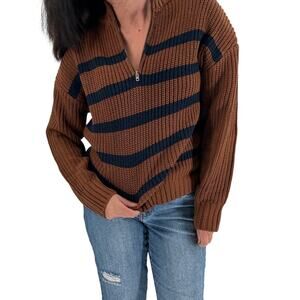 SANCTUARY Sweater Size S Sporty Zip Up Sweater Half Zip NEW Brown Black Stripe